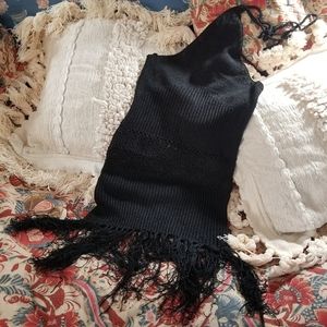 Black Crochet Fringe Halter Top Dress Boho Beach Cover Up Medium Gypsy Festival